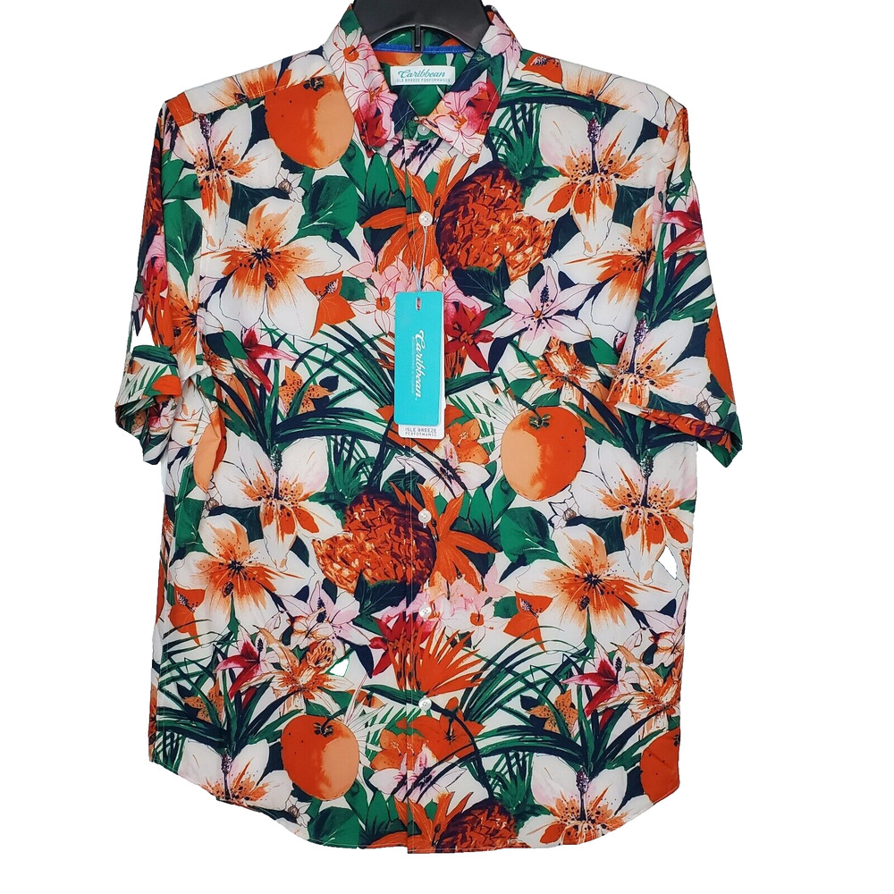 Caribbean Shirt SZ M Orange Floral Stretch Moisture Wicking Roundtree & Yorke